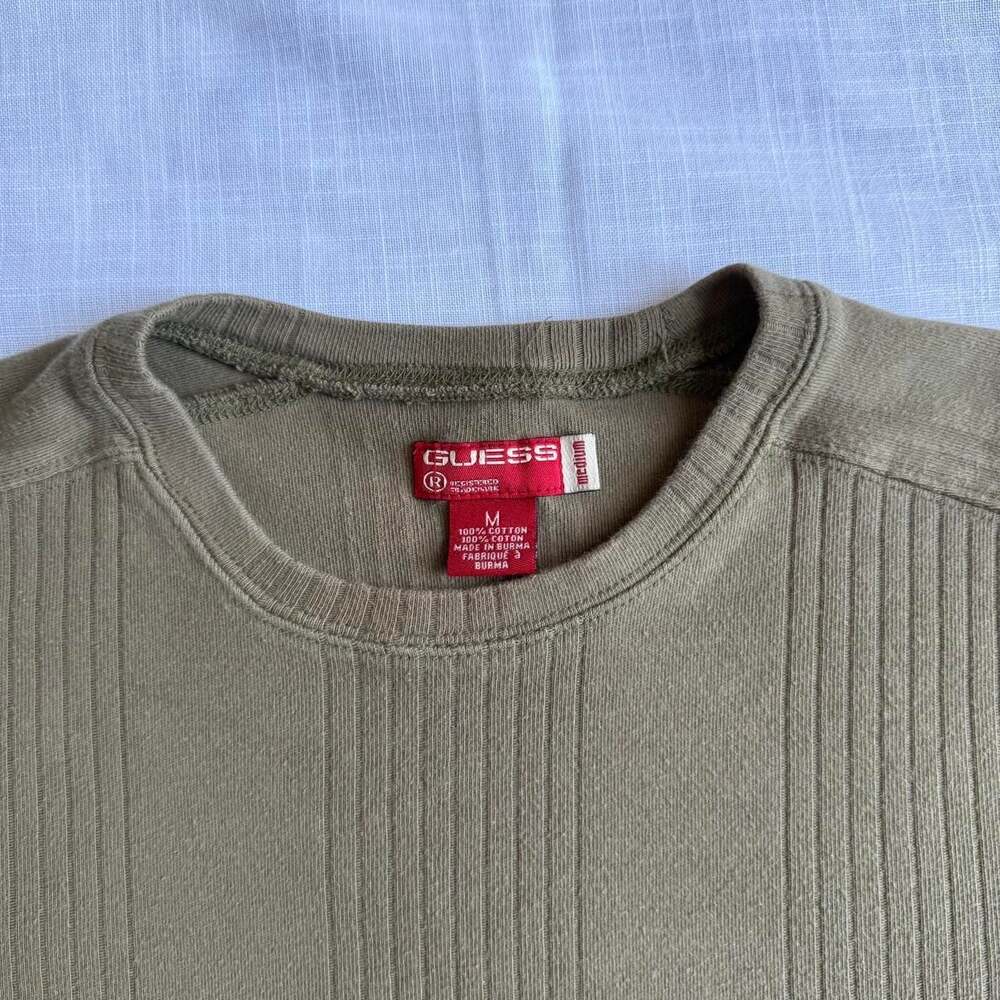 Vintage Y2K Guess Ribbed Crewneck T-Shirt Olive Green - Picture 2 of 4